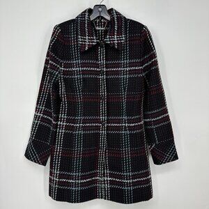 White House Black Market Plaid Tweed Long Jacket S Button Down  Black Red